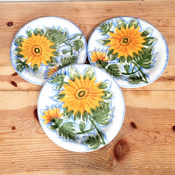 Pier 1 Del Sol Dinner Plates 11 Inch Sunflowers SET OF 3 Handpainted Ceramic